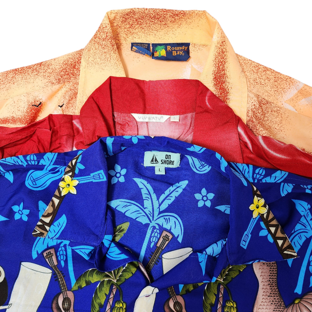 Mens Hawaiian Shirts Large Uluwatu Roundy Bay On Shore Novelty Camp Lot of 3